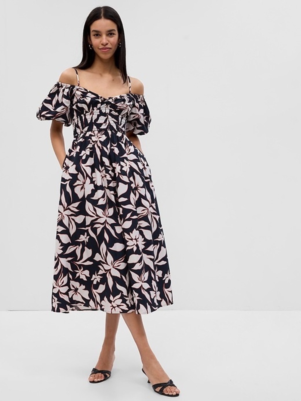 GAP Women’s Off Shoulder Puff Sleeve Floral Midi Dress Size Large NWT